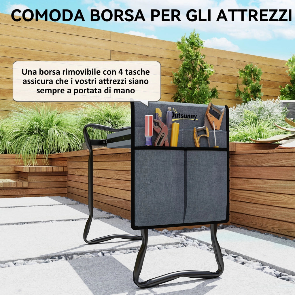 Sedia Inginocchiatoio 2 in 1 in Acciaio con Borsa Portaoggetti e Cuscino in EVA, 58x28x49 cm, Grigio e Nero