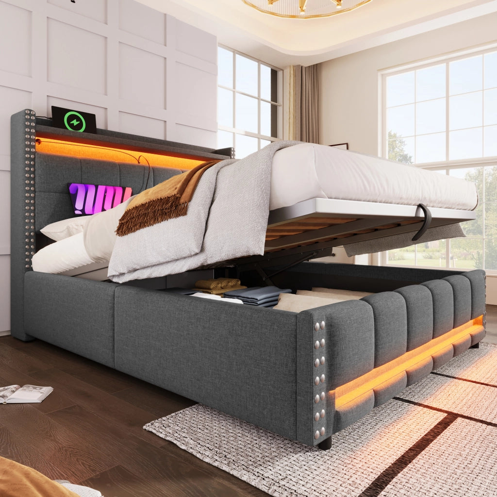 LETTO imbottito 160x200 cm grigio con LED, USB e contenitore