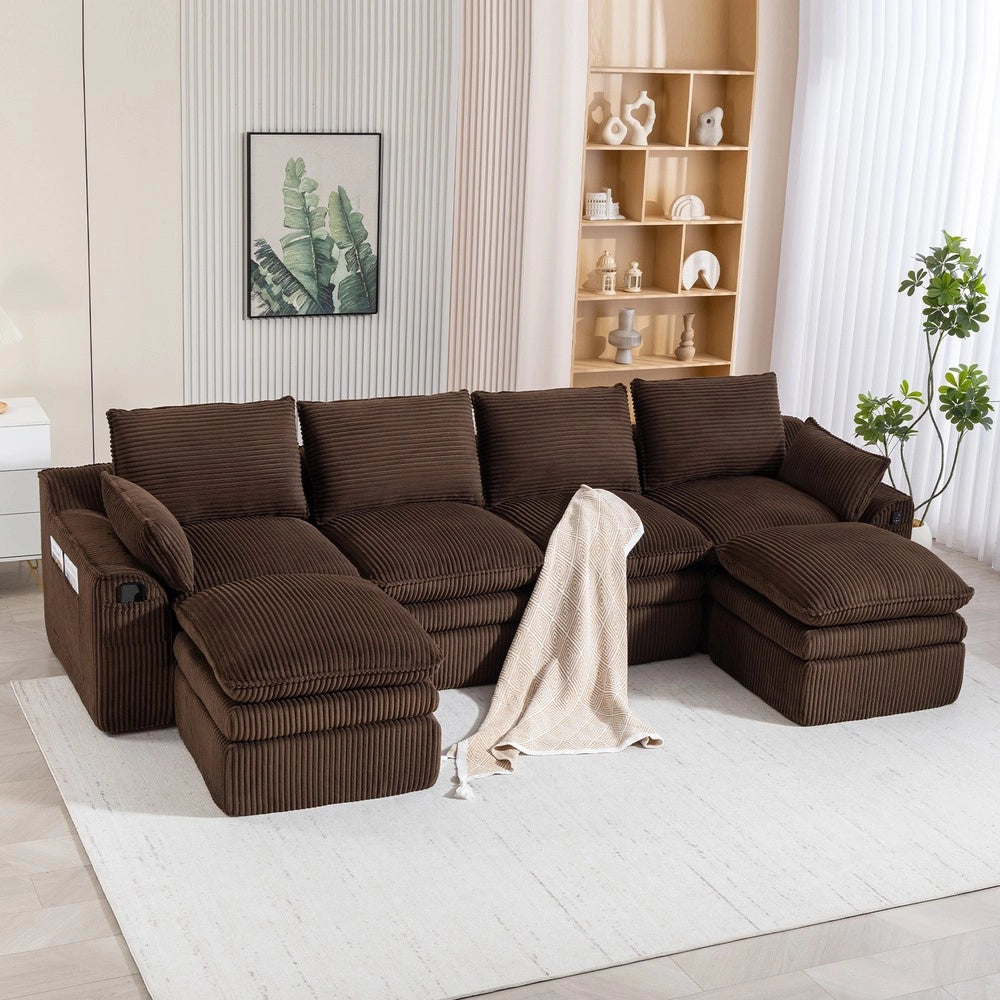 Divano modulare a 4 posti con pouf - Zephmum - Marrone, cuscini inclusi, 3 strati schiuma