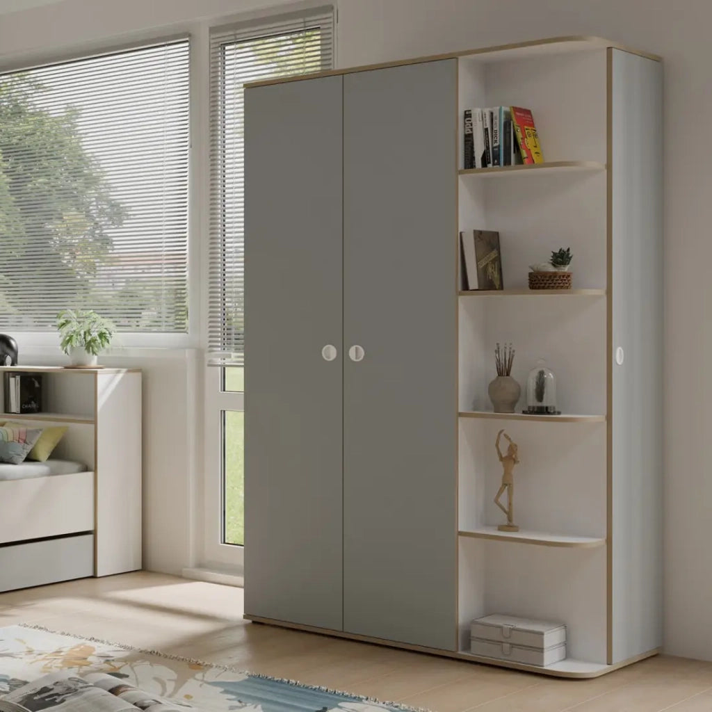 Armadio bambino ELYO – 3 porte + libreria frontale – Grigio & quercia