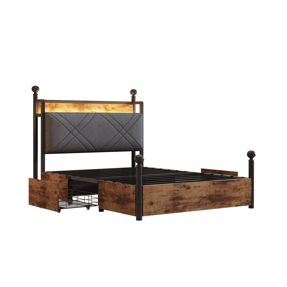 Letto Singolo con Baldacchino, Cassetti e LED ¨C MINIMAL ¨C 90x190, Ferro, con USB