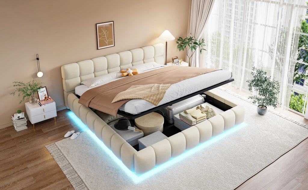 Letto imbottito 180x200 LED idraulico velluto beige