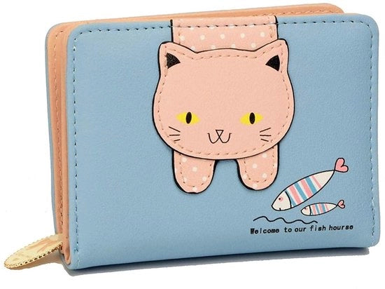 Portafoglio gatto - mini bifold - 1 pezzo - blu - pelle - 12x9.5x3 cm