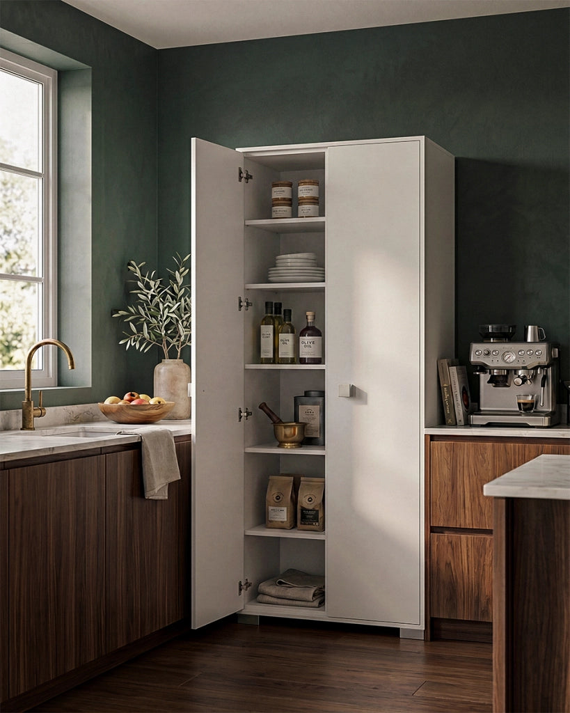 Armadio multiuso Clara 2 ante - Mobile contenitore dispensa salvaspazio - Colore Bianco - 5 ripiani interni - 75x180x35 cm_