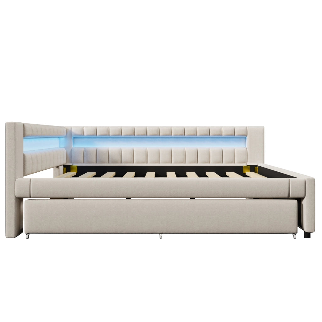 Letto a scomparsa con LED - Zephmum - 140x200cm - Beige - Luci integrate, USB, Type-C