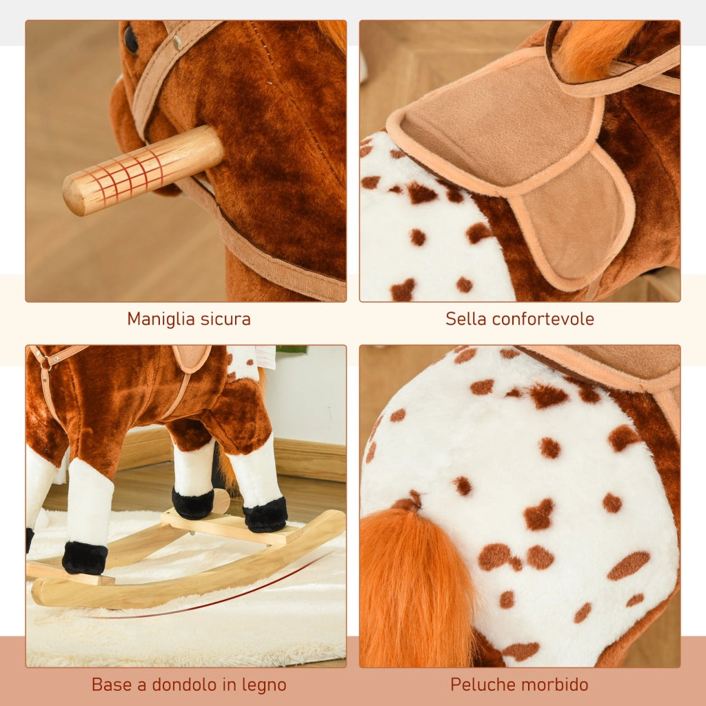 EasyComfort Cavallo a Dondolo in Legno con Suono Animale Regalo Giocattolo per i Bambini, 74 x 28 x 65 cm, Marrone