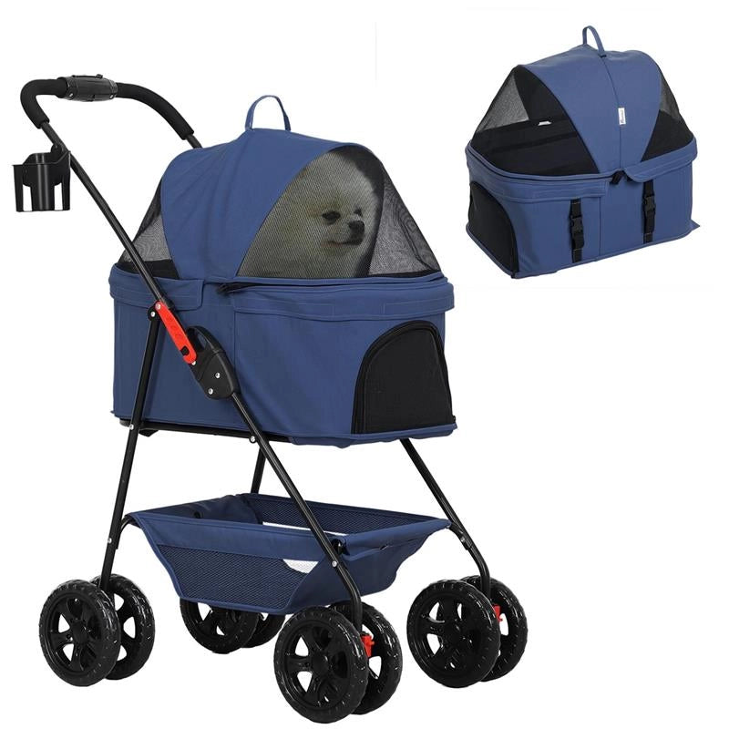 PASSEGGINO PER CANI 3 IN 1 PIEGHEVOLE CON BORSA TRASPORTINO E CESTINO INFERIORE BLU