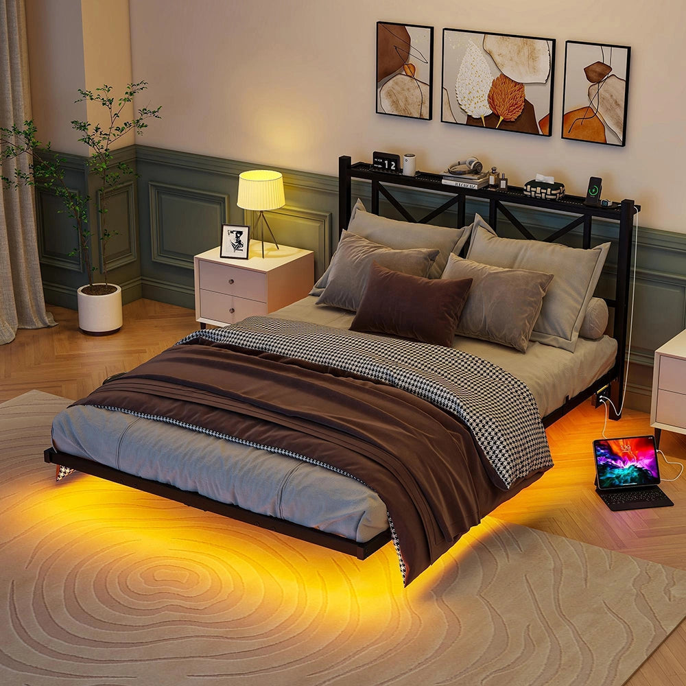 Letto doppio 140x200cm - Xylo - LED USB sospeso facile montaggio