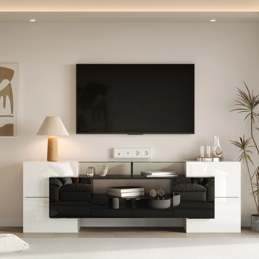 Mobile TV elegante - Zephmum - 200 cm - Bianco lucido e nero - LED