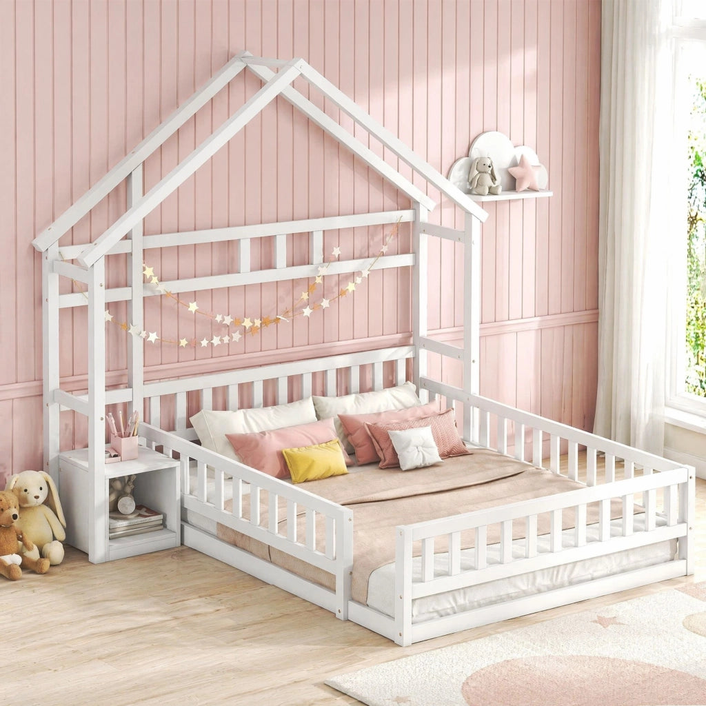 Letto per bambini a forma di casa 140x200 cm con sponda e comodino, bianco
