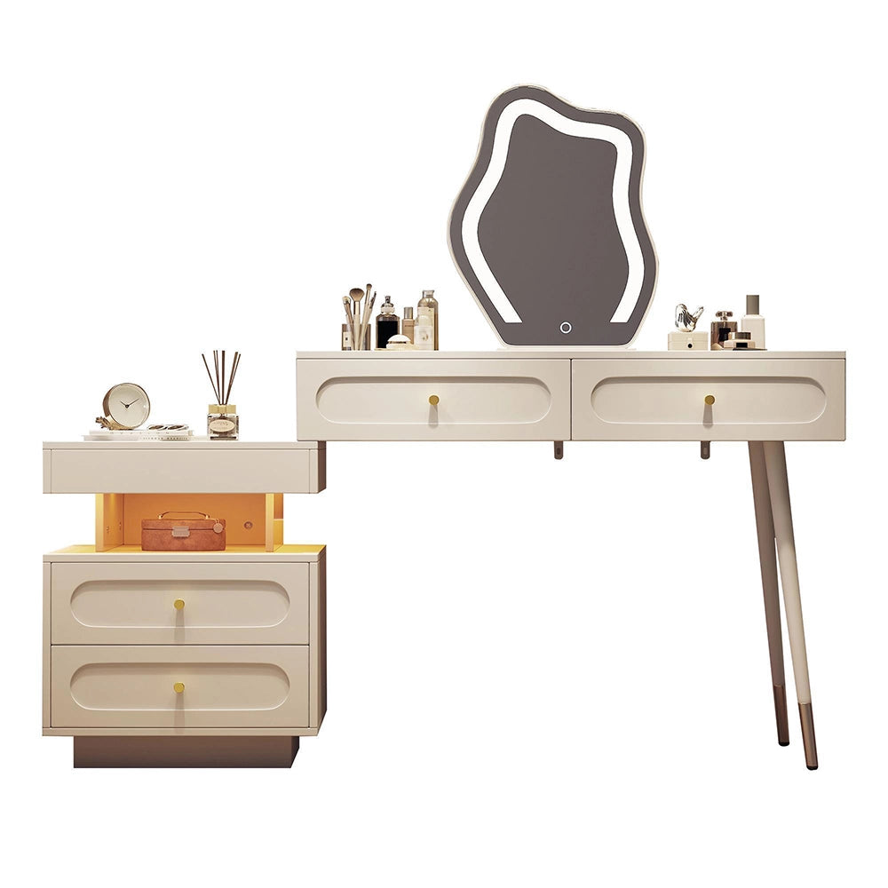 Tavolo trucco LED-Xylo-140x40x130cm, 4 cassetti, vano aperto, bianco
