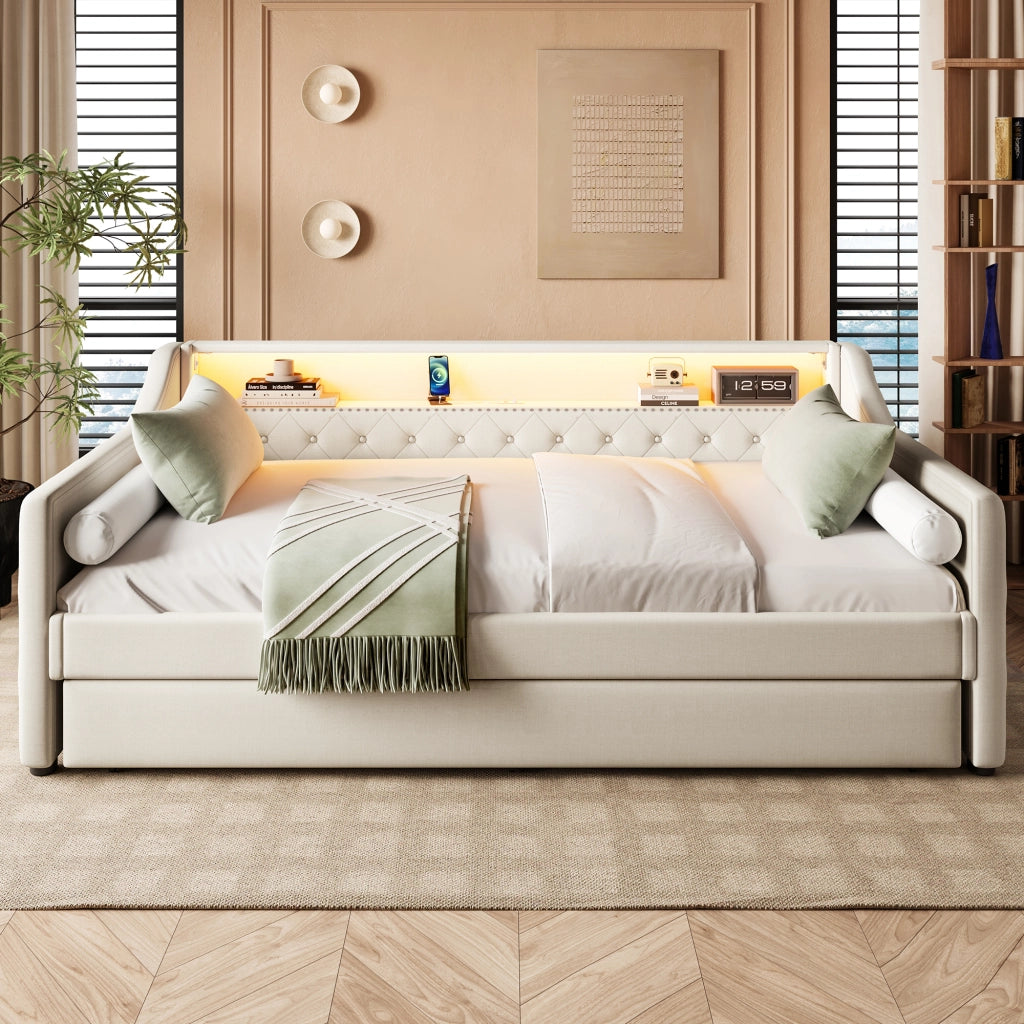 LETTO Divano letto estraibile 90x200 cm Lino Beige con LED e USB