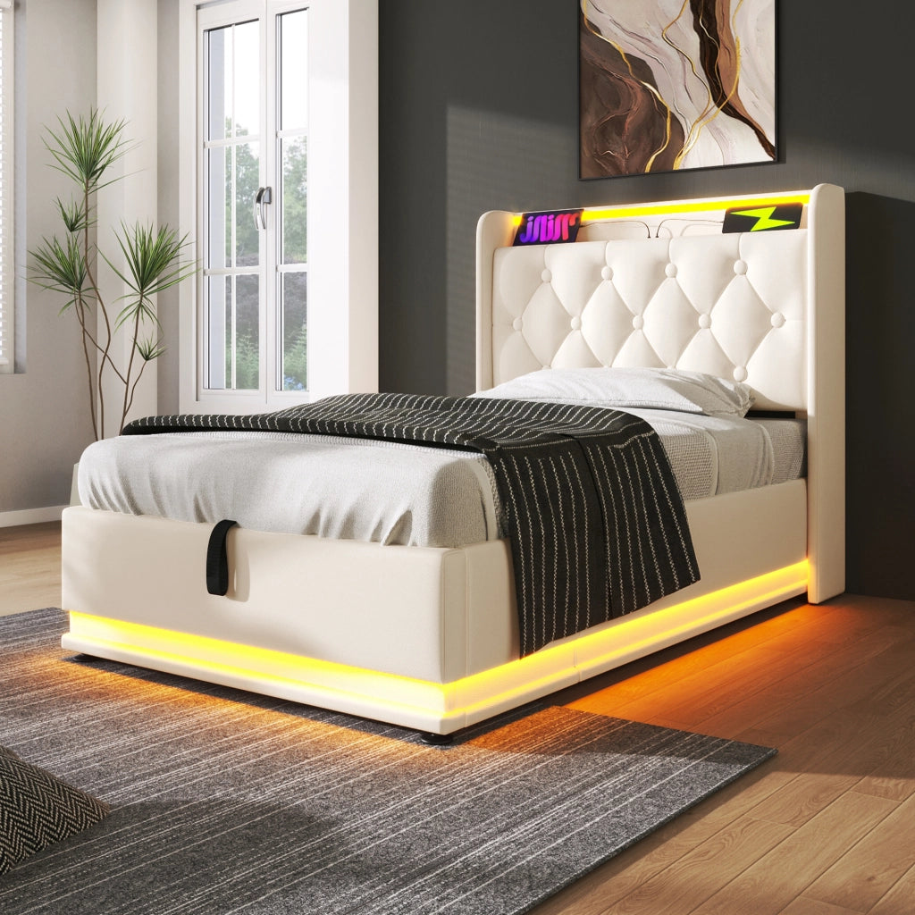 LETTO matrimoniale 90x200 cm in PU bianco con LED e porta USB Tipo-C