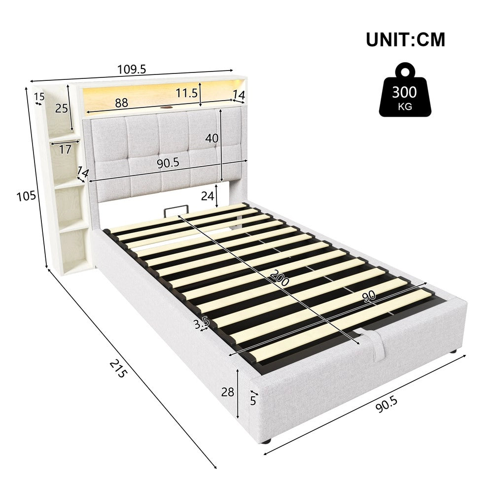 Letto Imbottito con LED e Contenitore ¨C MINIMAL ¨C Tessuto Beige 90x200