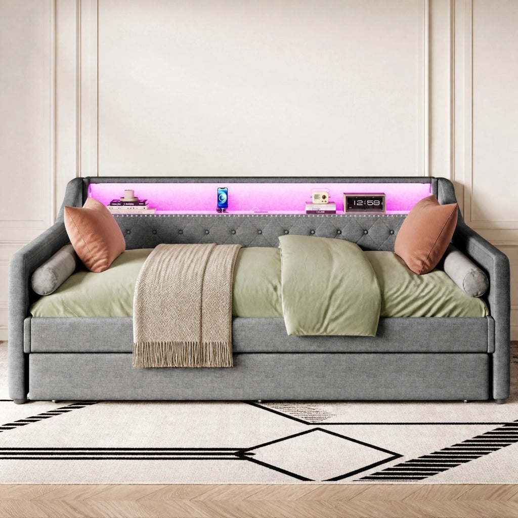 LETTO Divano 90x200 cm in lino grigio con letto estraibile, LED e USB