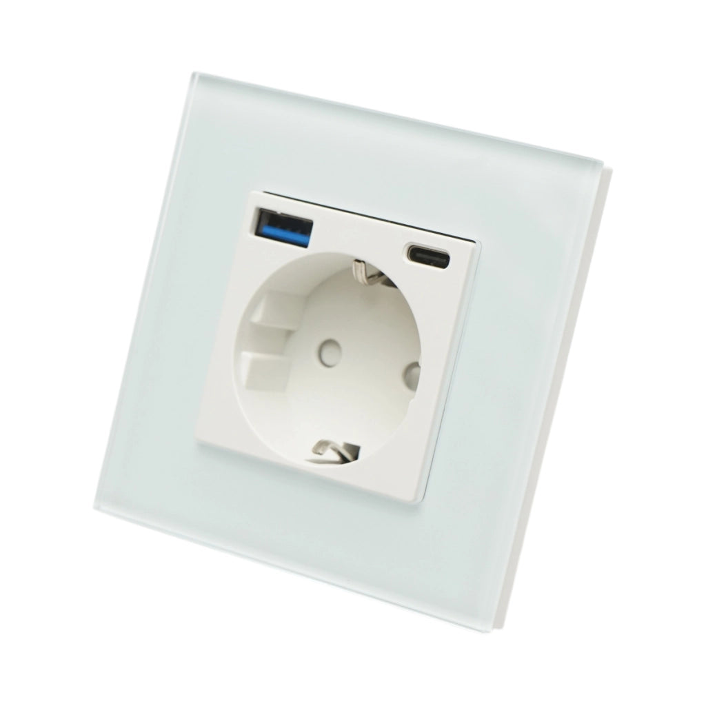 Presa Schuko da incasso bianca 220V, 16A, 2xUSB A+C 20W ricarica rapida, cornice in vetro 86x86x34mm