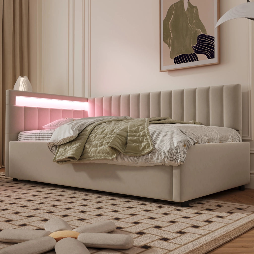 LETTO Contenitore 90x200 cm in velluto beige con LED