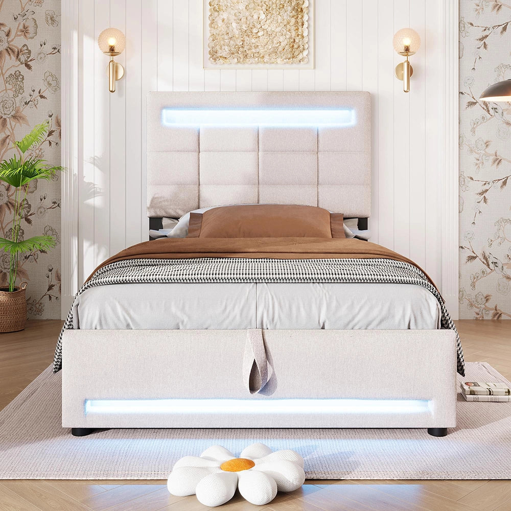 Letto imbottito - Xylo - 90x200 cm LED USB app comando beige
