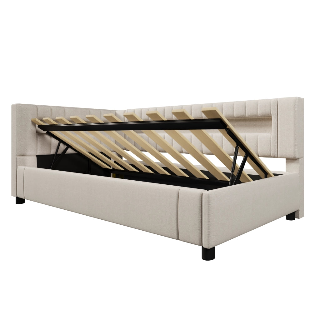 Daybed 90x200 cm in lino beige con LED, USB+TYPE-C e contenitore idraulico