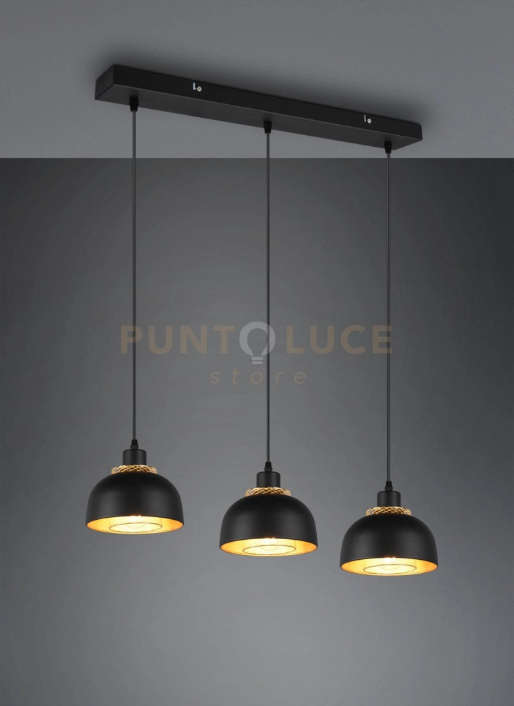 PUNCH SOSPENSIONE 3 DIFFUSORI IN METALLO NERO E ORO L. 68CM 3 LUCI ATTACCO E27