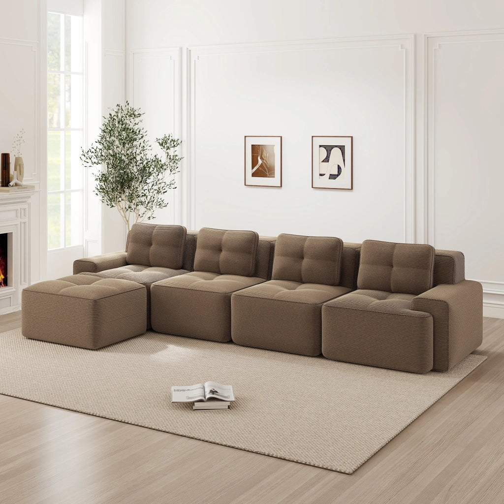 Divano Modulare Chaise Longue 4 Posti ¨C MINIMAL ¨C Velluto a Coste, Marrone