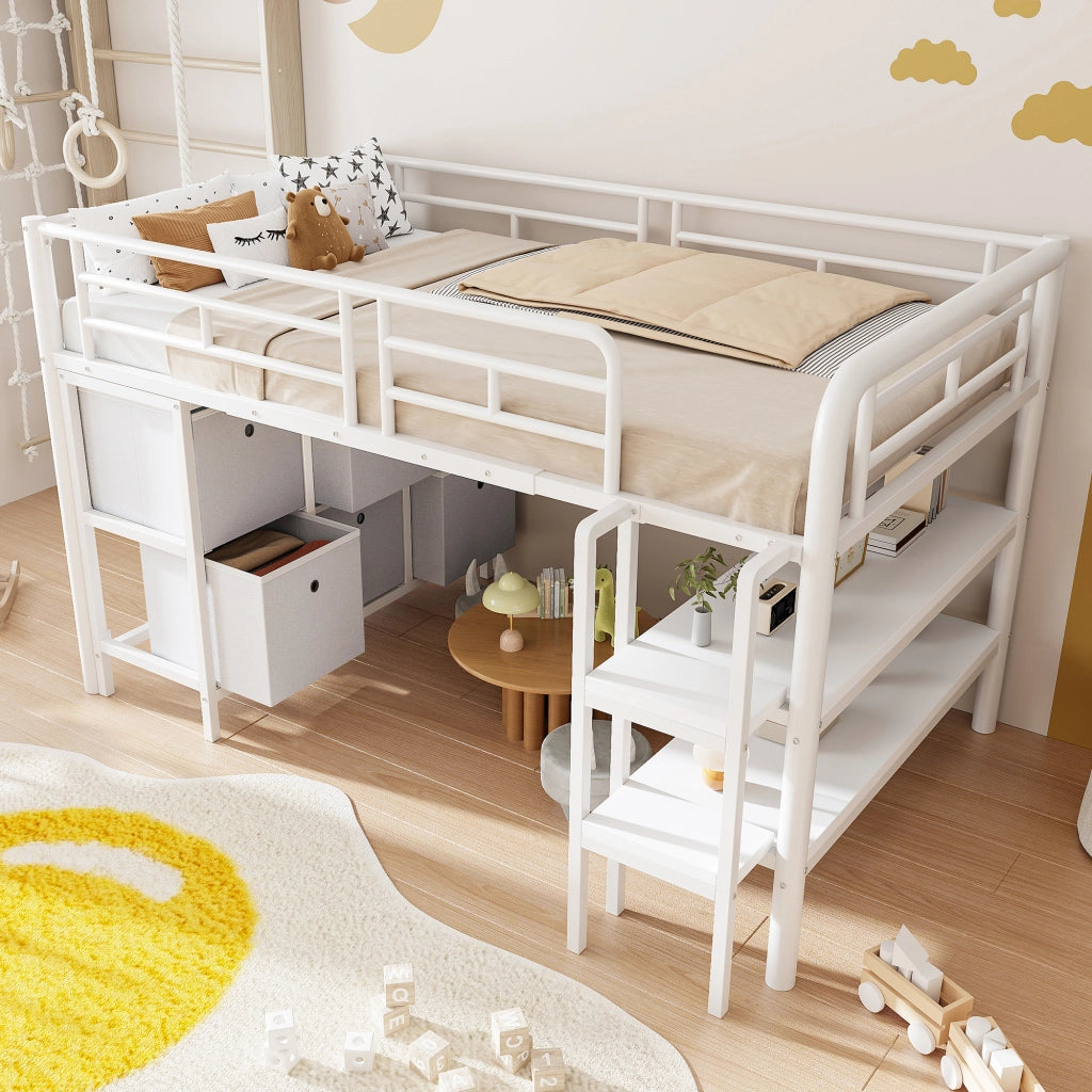 Letto a soppalco basso 90 × 200 cm con cassetti e ripiani scala ampia struttura in metallo e MDF per cameretta