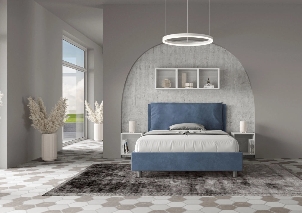BS COM Letto matrimoniale francese senza rete imbottito 140x190 microfibra blu Large