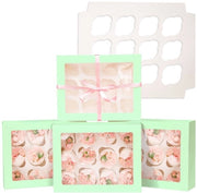 Scatola per Cupcake 12 pezzi - Confini in Cartone - Con Finestra - Verde Chlorotico - Pieghevole - 33 x 25,5 x 9 cm - Scatola per Dolci