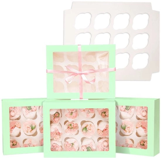 Scatola per Cupcake 12 pezzi - Confini in Cartone - Con Finestra - Verde Chlorotico - Pieghevole - 33 x 25,5 x 9 cm - Scatola per Dolci