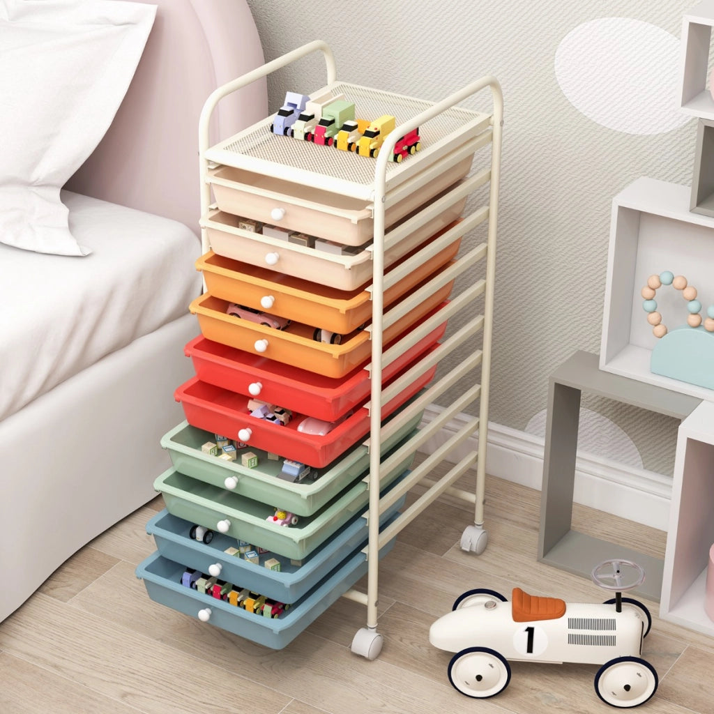 Carrello cassettiera multiuso con 10 cassetti da cucina, Contenitore con ruote a 10 ripiani per bagno Colorato 2
