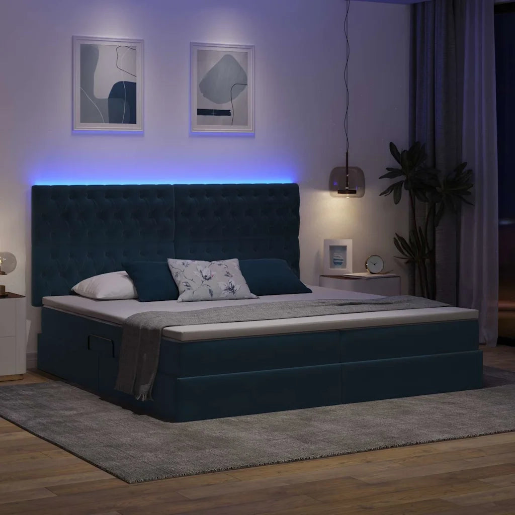 Letto con contenitore e LED Blu Scuro 200 x 200 cm Velluto