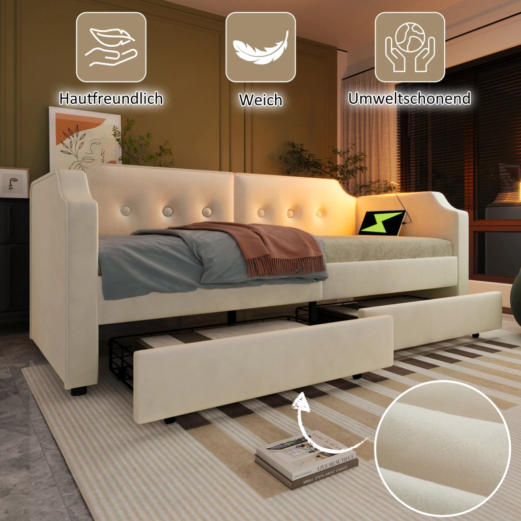 LETTO 90x200 cm in Velluto Beige con USB Type C, Lampada da Lettura e 2 Cassetti