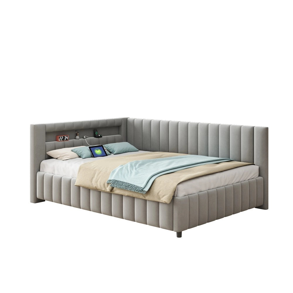 Letto Imbottito con LED e USB ¨C MINIMAL ¨C Velluto Grigio 140x200