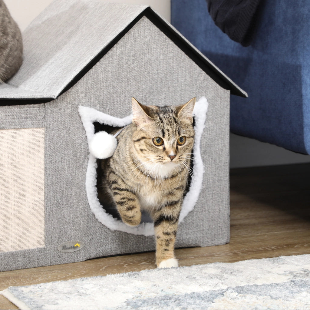 Casetta Gatti con Cuscino Graffiato e Palla ¨C Minimal ¨C 65x41x45.5 cm Grigio