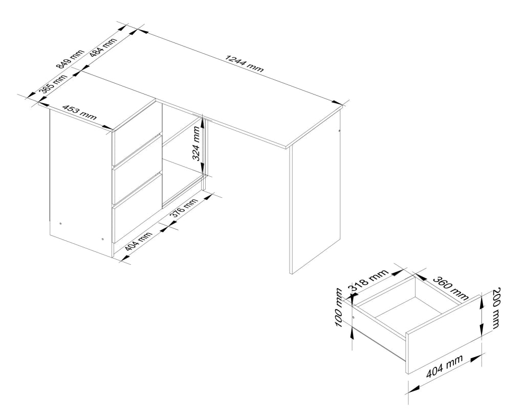 Scrivania angolare AKORD B16 Quercia Craft 124 cm 3 cassetti 124x85x77 cm Modello a sinistra