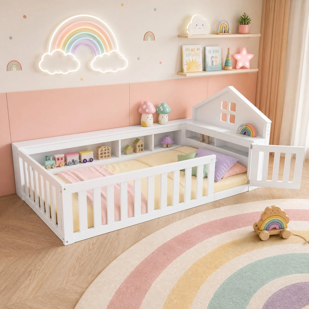 DESMIU Letto per Bambini Singolo con Contenitori, Sponde e Porta, 90 × 200 cm, Senza Materasso, Legno Massello, Bianco