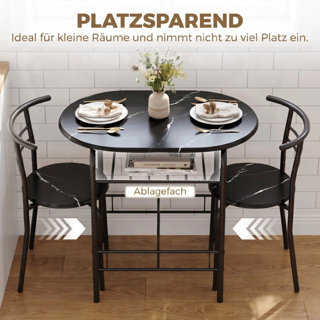 Set tavolo pranzo 3 pezzi con sedie 2 persone scaffale nero effetto marmo ¨C Xylo