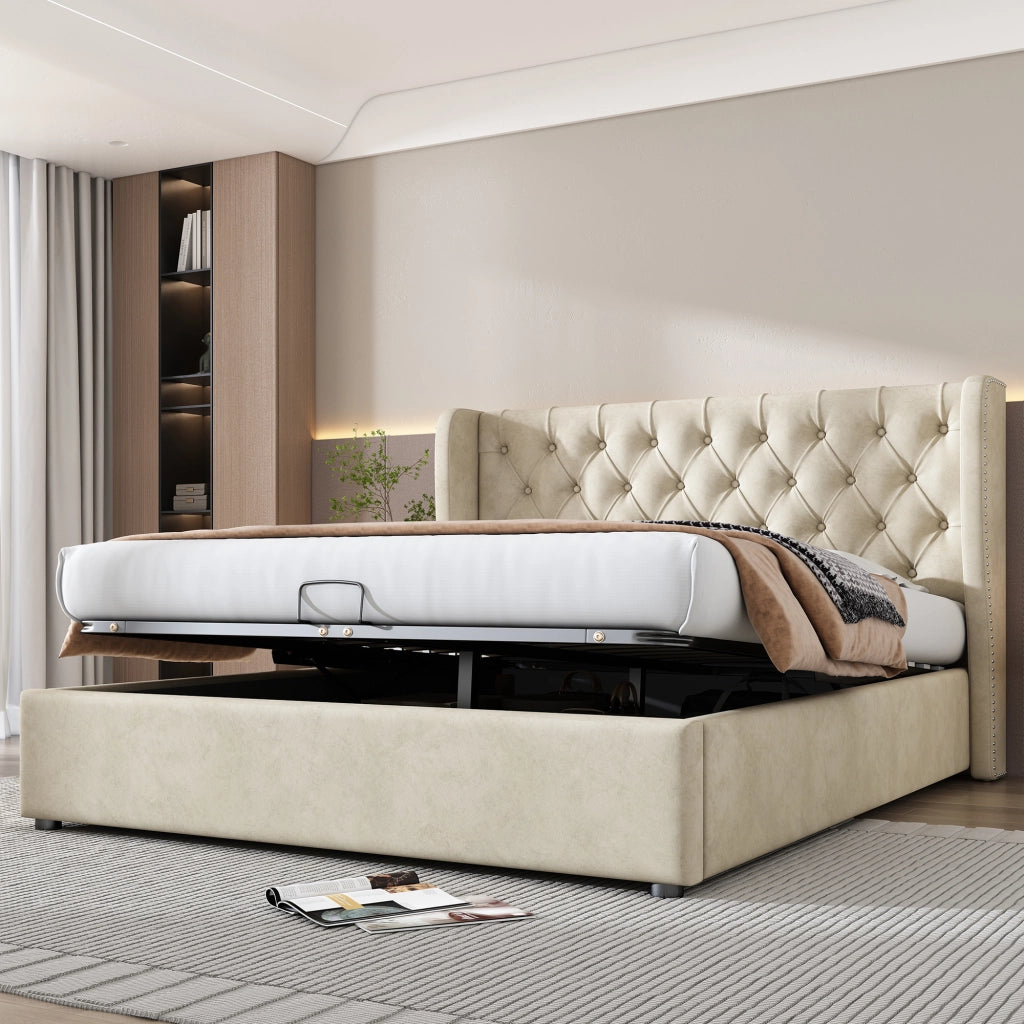 OKWISH Letto Contenitore 140×190 cm, Letto Matrimoniale con Testiera Imbottita, Vano Contenitore e Borchie, senza Materasso, Velluto, Beige
