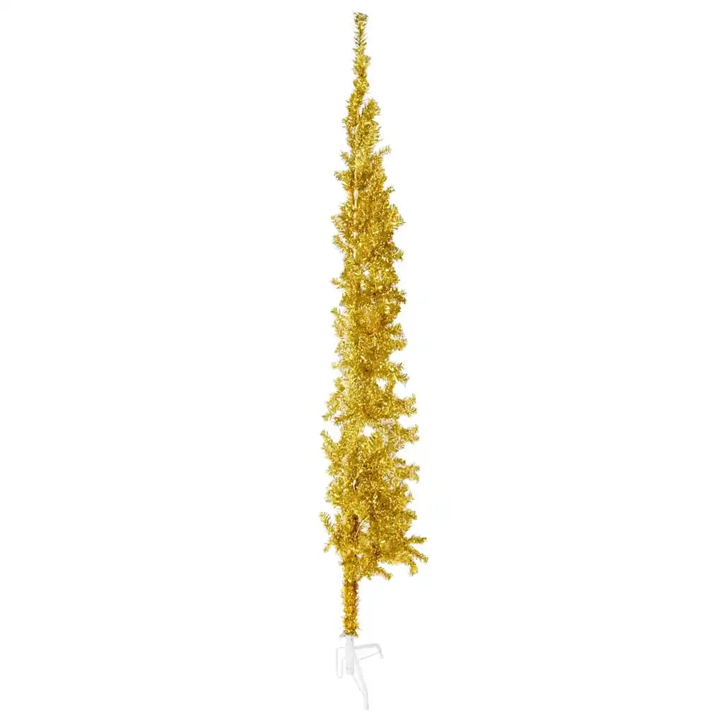 Albero Natale Artificiale Sottile a Met¨¤-Albero Natalizio con Supporto Oro 210cm