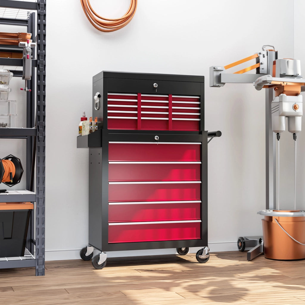 Carrello attrezzi a cassetti con pannello forato ¨C zephmum ¨C 14 cassetti, acciaio, rosso
