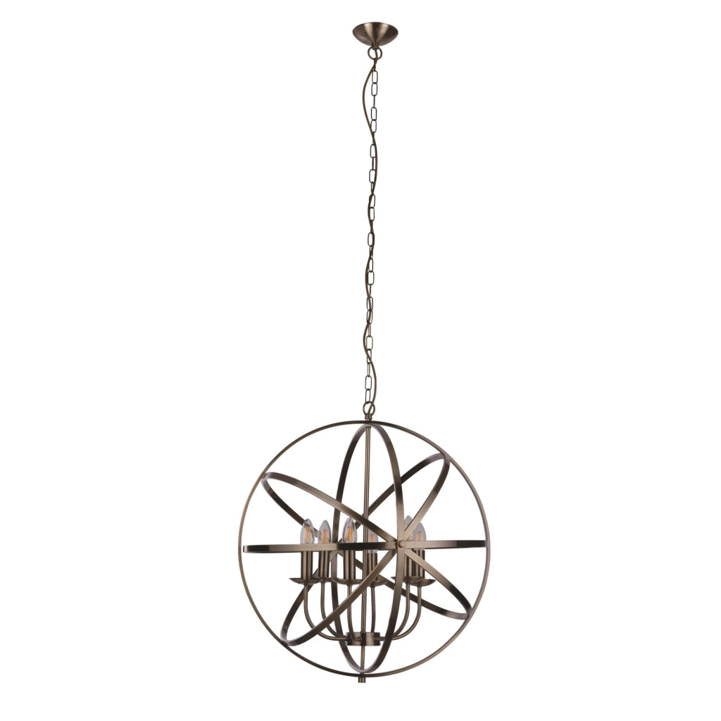 Lampadario Industrial-Nordico Orbita Acciaio Ottone 6 Luci E14