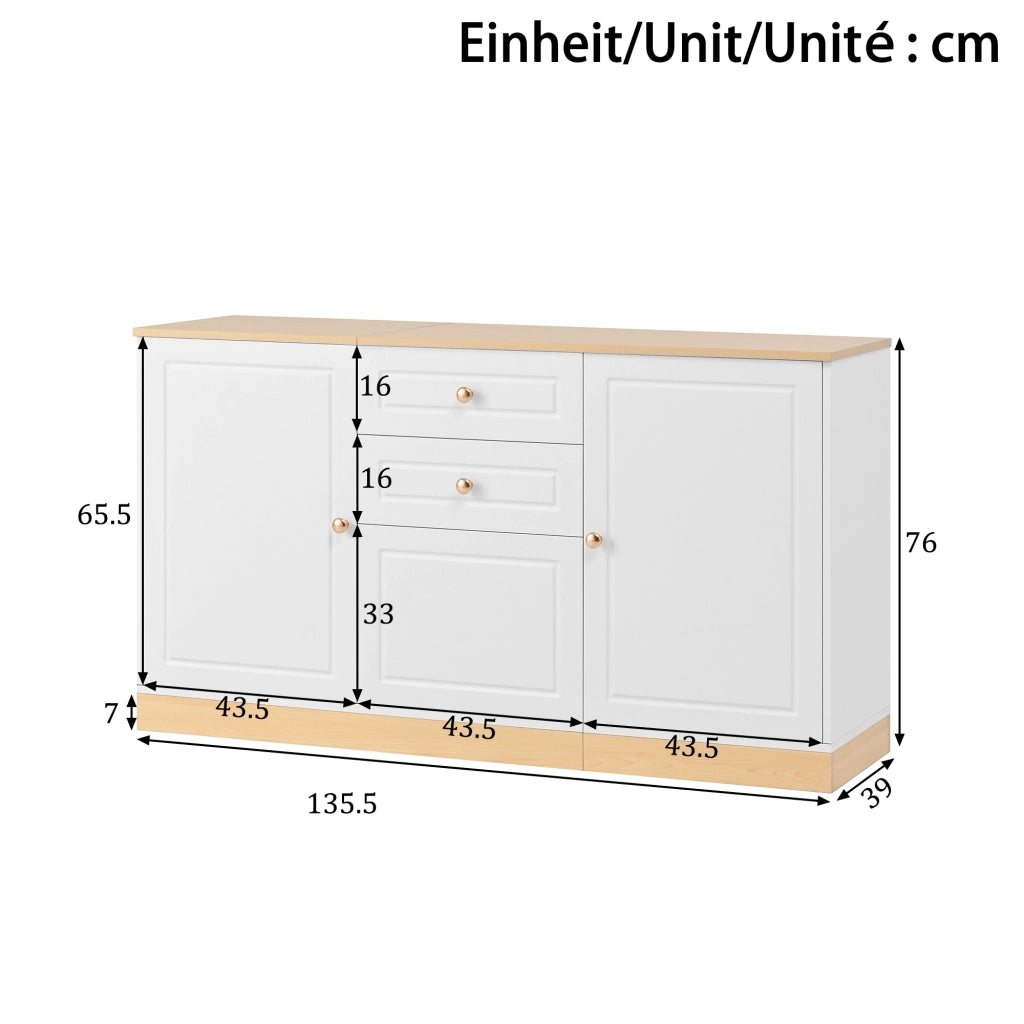 OKWISH Credenza Contenitore con 3 Ante, 2 Cassetti e Ripiani Regolabili, per Soggiorno e Sala da Pranzo, 135,5×39×76 cm