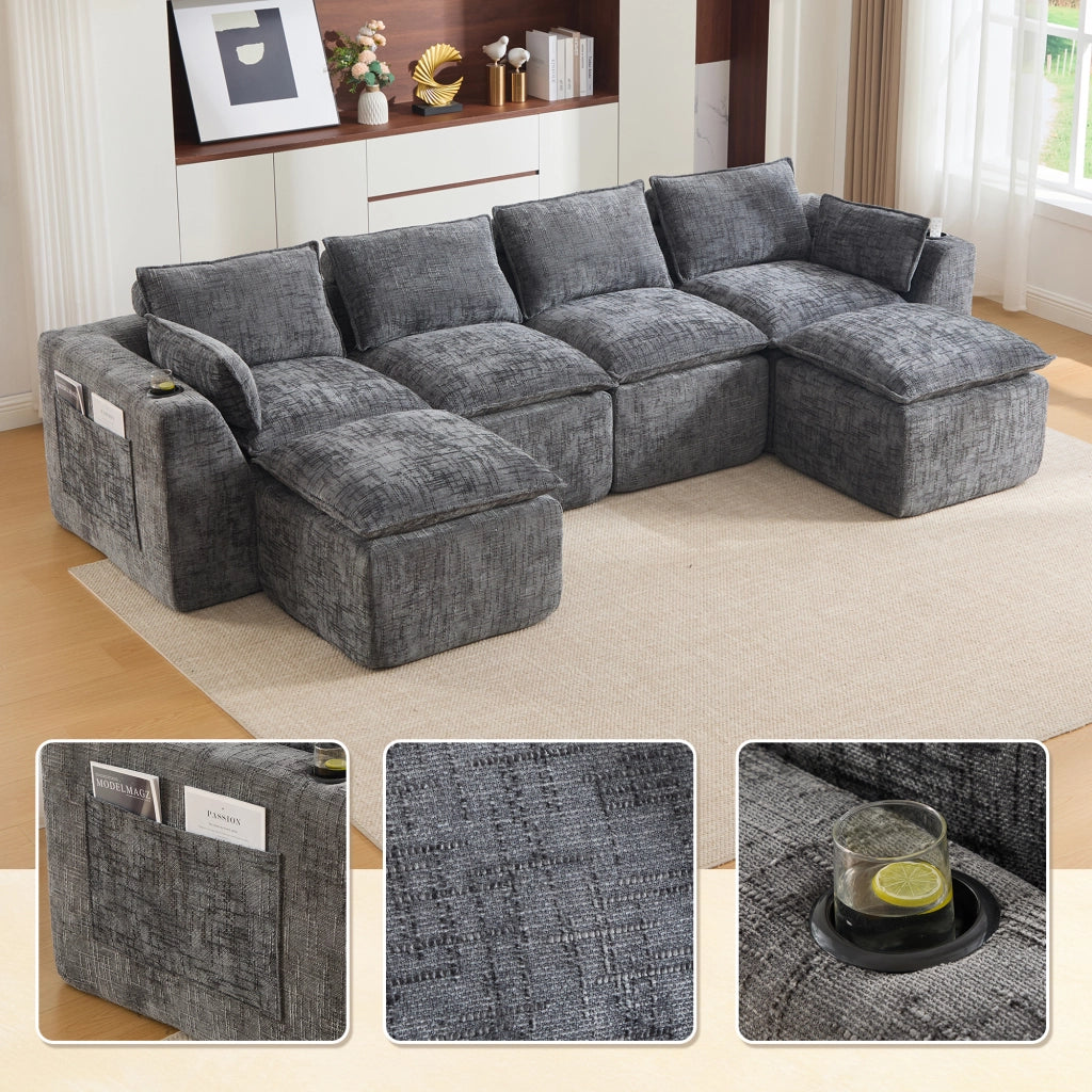 Divano 4 Posti con Poggiapiedi, Cuscini e Portabicchieri ¨C MINIMAL ¨C Grigio Chenille