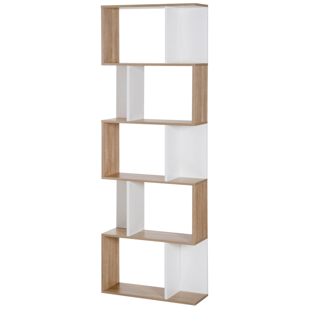 Libreria a S con 5 Ripiani ¨C Minimal ¨C Bianco e Legno 60x24x184,5cm