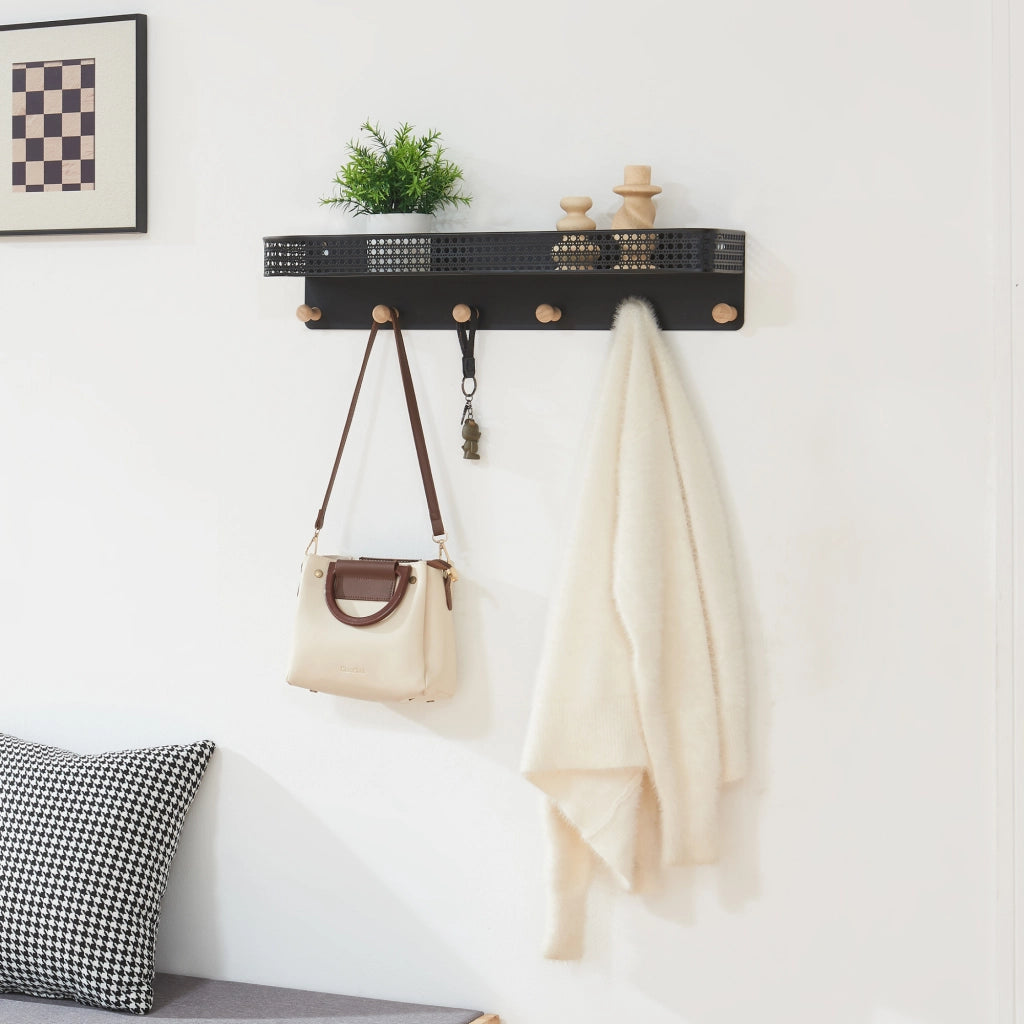 Appendiabiti da Parete Jäller con Mensola e 6 Ganci 60x14x12 cm Metallo - Nero [en.casa]