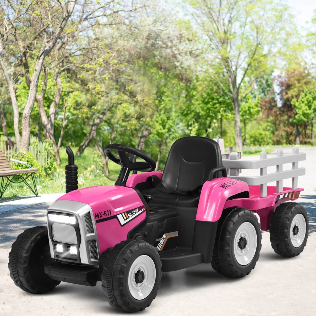 Trattore giocattolo elettrico con 3 marce luci led musica clacson, Trattore con rimorchio 12 v per bambini Rosa-Macchinine giocattoli