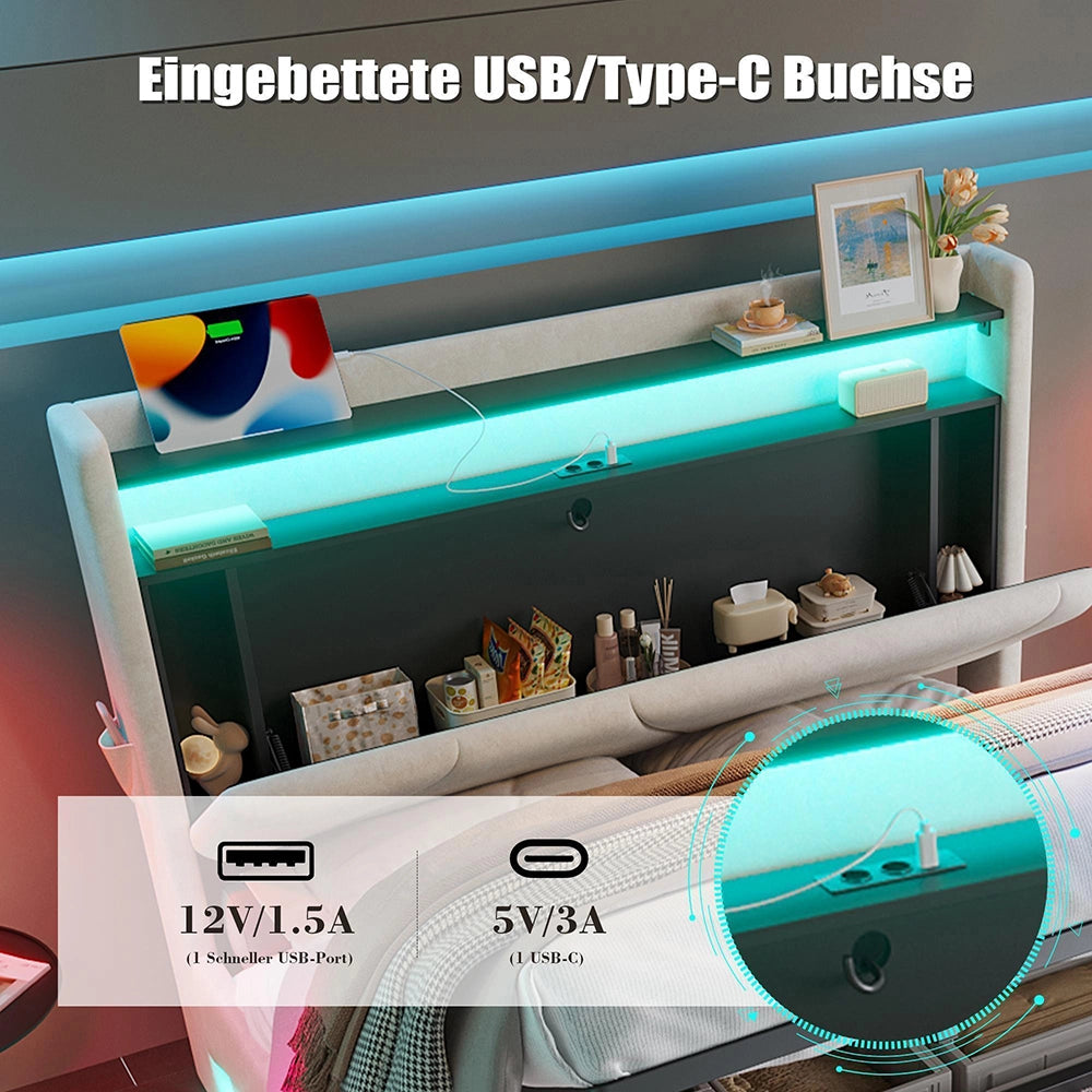 Letto 160x200cm imbottito - Xylo - LED USB ripostiglio idraulico