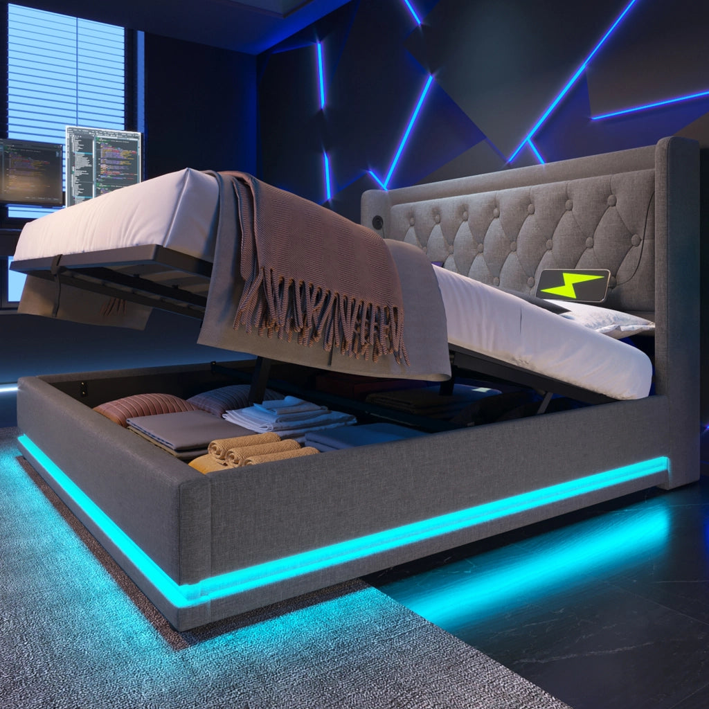 LETTO Contenitore 180x200 cm Grigio in Cotone con USB Type-C e LED
