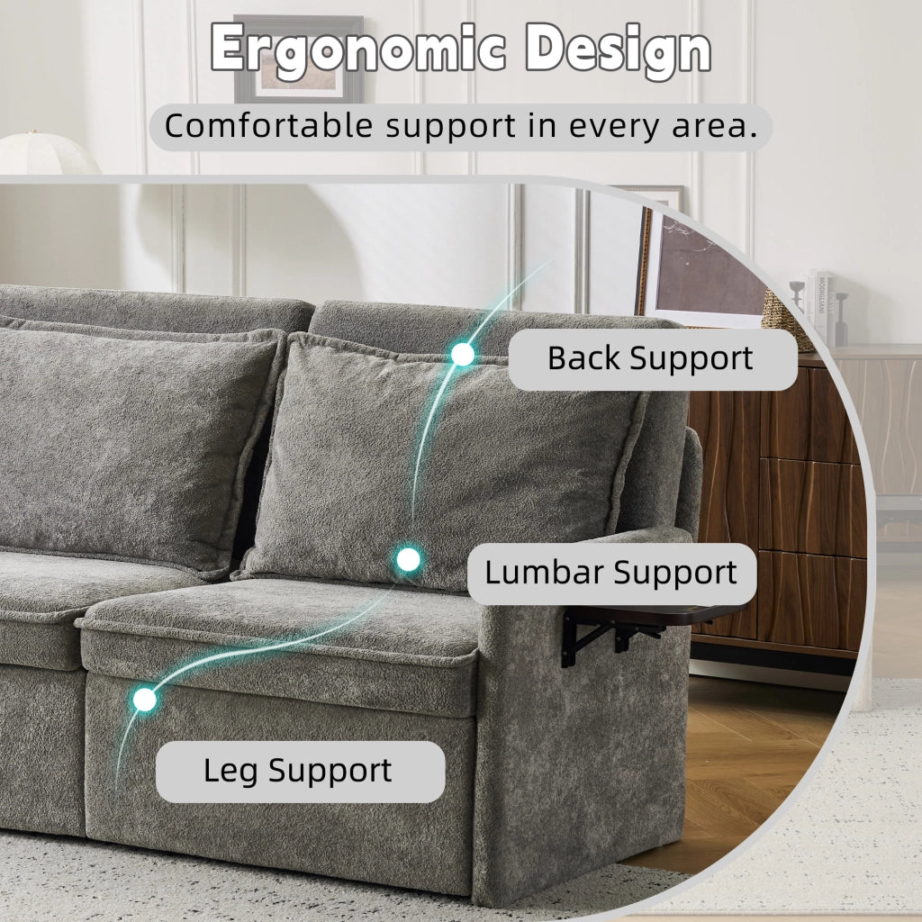 Divano letto con cuscini e USB ¨C Minimal ¨C 3 in 1, schienale regolabile, contenitore, chenille, grigio