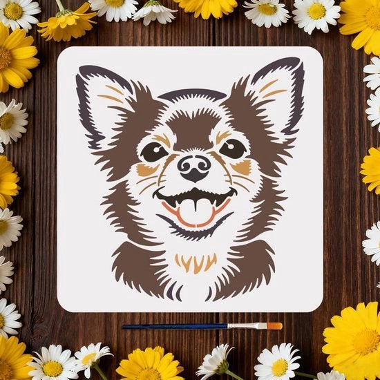 Stampo per cani riproducibile - Disegno Chihuahua - 30 x 30 cm - Incluso pennello per vernice - Stencil per dipinti